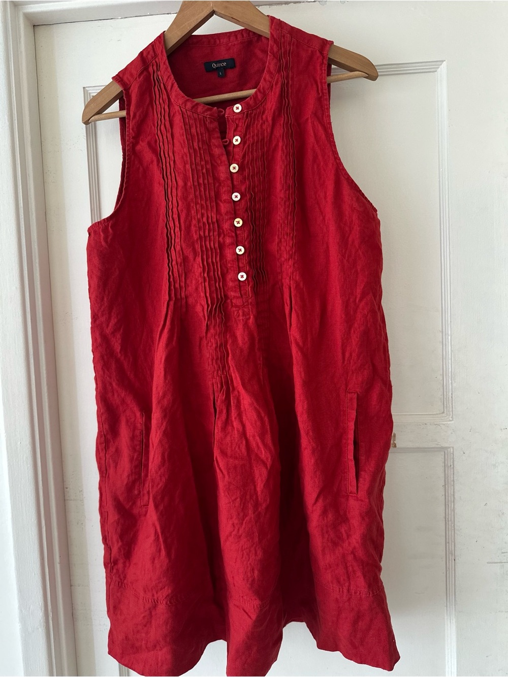 Quince Sleeveless Red Pintuck Button-Front Linen Tunic